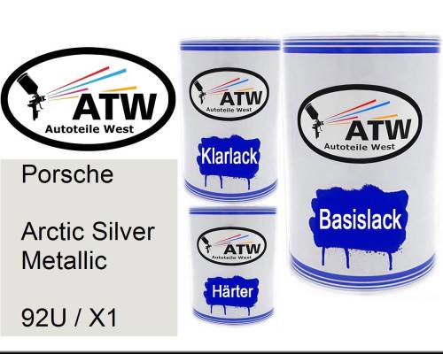 Porsche, Arctic Silver Metallic, 92U / X1: 500ml Lackdose + 500ml Klarlack + 250ml Härter - Set, von ATW Autoteile West.
